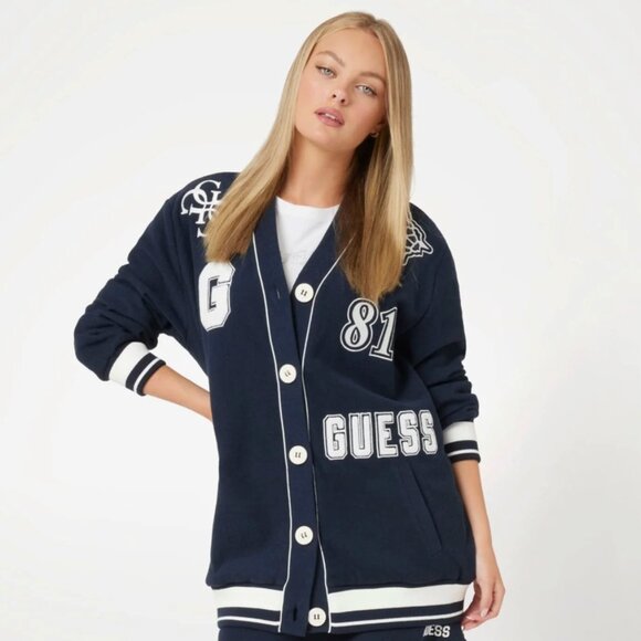 NWT GUESS Eco 81 Patch Varsity Cardigan Navy Blue Oversized Patches Y2K XL - Picture 1 of 9